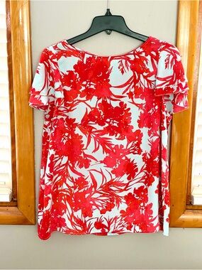 Banana Republic Red and Light Blue Floral Flutter-Sleeve Blouse